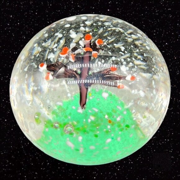 Art Glass Paperweight Cherry Tree w White Dots Round Sphere Vintage Glass 2.5”W - Picture 9 of 12